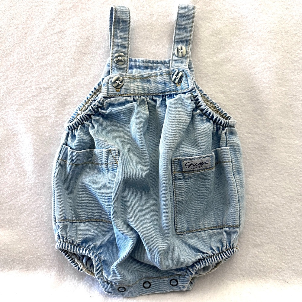 Vintage Baby Guess 6M Denim Bubble Romper Overalls Light Wash Made USA 90s